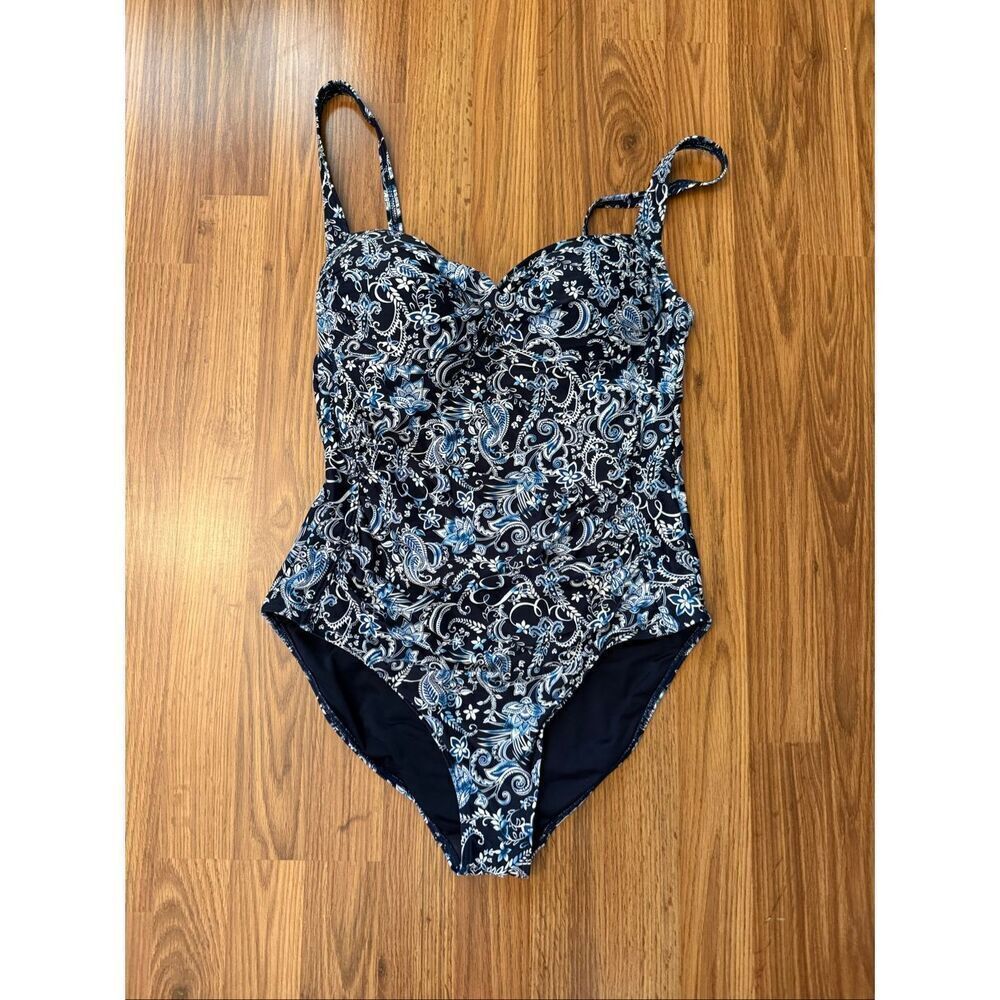 Nip Tuck Swim Women's Floral Paisley Twist Front One Piece Swimsuit Black Sz 10
